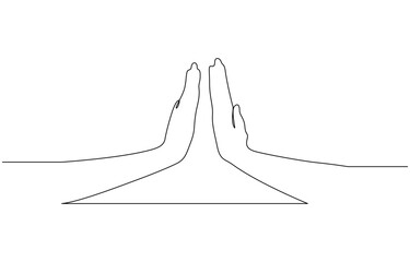 Continuous One Line Drawing High Five Hands. Teamwork Success Celebration, One line drawing of two men giving high fives gesture hands. Two friends smile with their hands up and clap their palms.