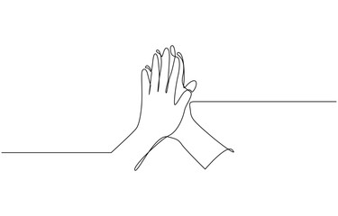 Continuous One Line Drawing High Five Hands. Teamwork Success Celebration, One line drawing of two men giving high fives gesture hands. Two friends smile with their hands up and clap their palms.