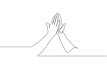 Continuous One Line Drawing High Five Hands. Teamwork Success Celebration, One line drawing of two men giving high fives gesture hands. Two friends smile with their hands up and clap their palms.