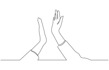 Continuous One Line Drawing High Five Hands. Teamwork Success Celebration, One line drawing of two men giving high fives gesture hands. Two friends smile with their hands up and clap their palms.