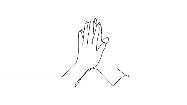 Continuous one line drawing of Hands high five clapping gesture self draw animation, Business meeting concept. Continuous line self drawing animated. Full length motion.