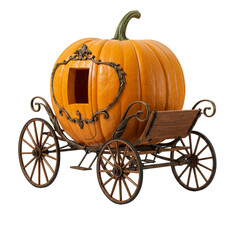 Pumpkin carriage with vintage wheels and ornate decorations  