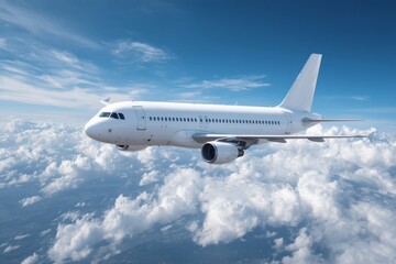 Obraz premium White Airplane Soaring Above Fluffy Clouds Under a Bright Blue Sky