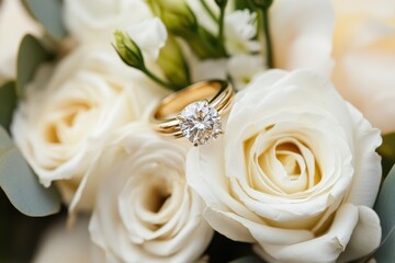 Obraz premium Elegant Engagement Ring Surrounded by White Floral Bouquet for Wedding Celebration