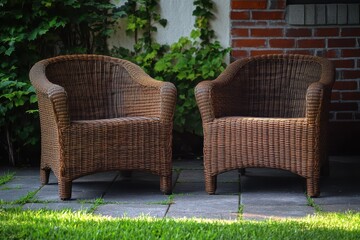 Charming Outdoor Scene Featuring Two Wicker Patio Chairs on Brick Pavers Surrounded by Lush Grass