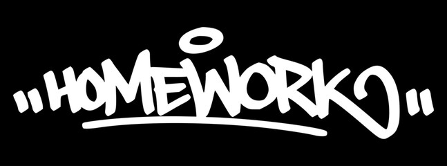Graffiti tag "Homework" in white on black background. Hand drawn urban style for student life, schoolwork themes, and educational visuals.