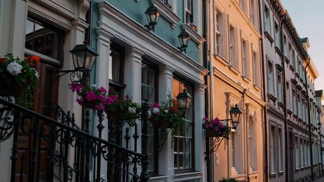 Charming sunset view along a historic street with colorful flower boxes on ornate buildings