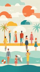Summer beach illustration with group of people seen outdoors