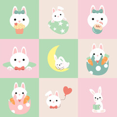 Seamless pattern of Easter bunnies, eggs, and flowers. Vector graphics.
