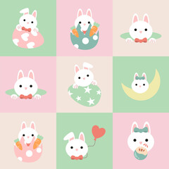 Seamless pattern of Easter bunnies, eggs, and flowers. Vector graphics.