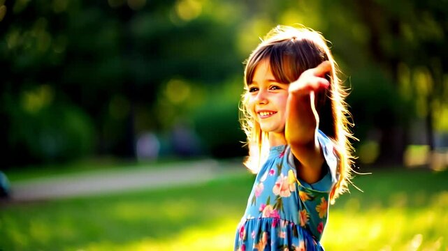 Young Girl with arms raised surrounded by colorful flower petals in a sunny park setting