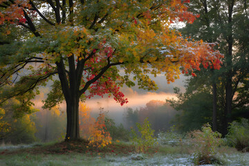 Photo of solitary maple tree in autumn clearing with vibrant scarlet, gold, and crimson leaves, delicate snowflakes, misty hills, and warm late afternoon sunlight.