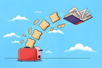 A toaster launching slices of toast that transform into flying books mid-air, leaving trails of words behind them, concept of nourishment through knowledge