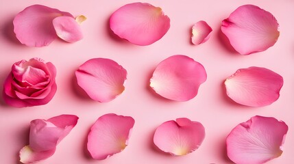 Fototapeta premium Pink Rose Petals and Bud Flatlay on Pink Background