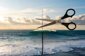 A pair of scissors cutting a straight line across the ocean, with waves perfectly split and frozen along the cut, surreal control of nature