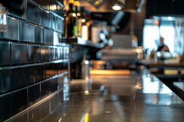 Focus on a bar counter with shiny tiles, the depth of field blurs the view to the kitchen. This creates a sense of dynamic and engagement with the foreground element.