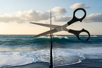 A pair of scissors cutting a straight line across the ocean, with waves perfectly split and frozen along the cut, surreal control of nature