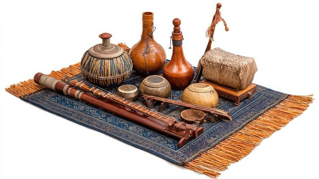 Thai folk instrument set including khaen and drums arranged on bamboo mat