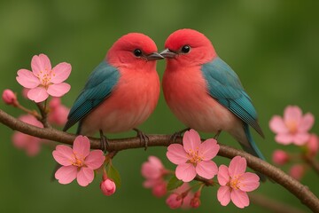 Two Pink and Blue Birds Perched on a Branch with Pink Blossoms