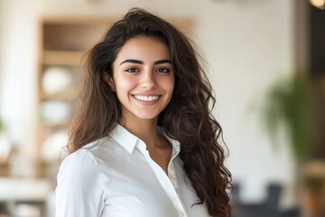 Fototapeta premium Joyful Portrait of a Modern Middle Eastern Businesswoman in Casual Attire Smiling Confidently Indoors