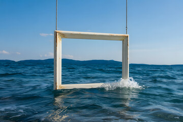 A hanging picture frame containing a real ocean that spills waves outside its borders, blending frame and reality, surreal freedom concept