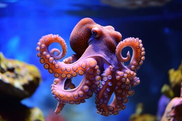 Obraz premium Vibrant Octopus in a Lively Aquarium. An Underwater Scene Showcasing Marine Life and Coral Reefs