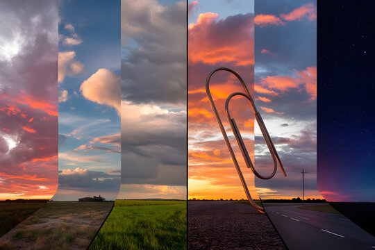 A giant paperclip holding together slices of the sky at different times of day � dawn, noon, dusk, and night � surreal timeline in the clouds
