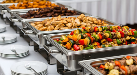 Catering Buffet Line with a Variety of Hot Food in Chafing Dishes for an Event