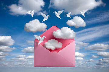 An envelope opening in the sky, releasing folded clouds that descend like origami birds, metaphor of messages from the heavens