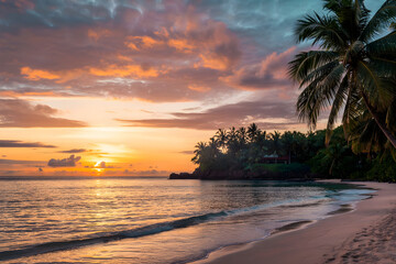 Tropical beach sunrise with orange, pink, and blue sky, calm ocean reflecting colors, palm trees, golden sand, rocks, and distant building.