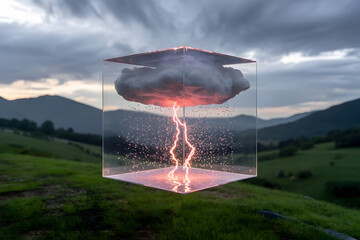 A transparent cube floating in the air, containing a miniature thunderstorm inside, with rain gently falling onto nothingness beneath it