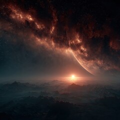 Naklejka premium Epic space landscape with planet, nebula, and cosmic vista