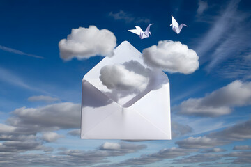 An envelope opening in the sky, releasing folded clouds that descend like origami birds, metaphor of messages from the heavens