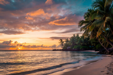 Tropical beach sunrise with orange, pink, and blue sky, calm ocean reflecting colors, palm trees, golden sand, rocks, and distant building.