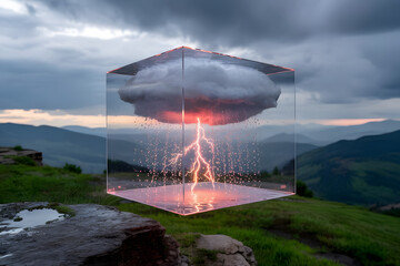 A transparent cube floating in the air, containing a miniature thunderstorm inside, with rain gently falling onto nothingness beneath it