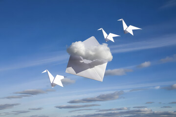 An envelope opening in the sky, releasing folded clouds that descend like origami birds, metaphor of messages from the heavens
