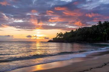 Tropical beach sunrise with orange, pink, and blue sky, calm ocean reflecting colors, palm trees, golden sand, rocks, and distant building.