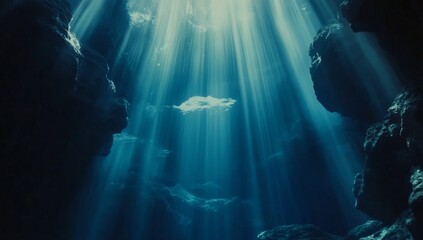 Sunbeams Illuminate Dark Underwater Cave