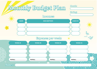 Monthly Budget Planner: A cheerful and organized monthly budget planner template, featuring a pastel color scheme and playful design elements. Perfect for personal or small business use.