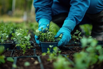 Fototapeta premium Dedicated Nursery Worker Cultivating Eucalyptus Seedlings for Sustainable Agriculture in the Blue Uniform