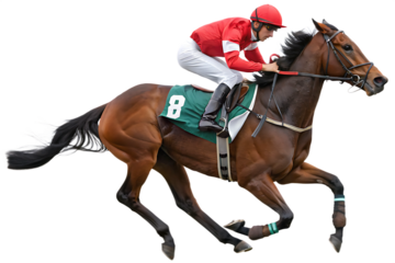 Brown racehorse with jockey in red and white silks galloping with green saddlecloth number 8 isolated on a transparent background 1