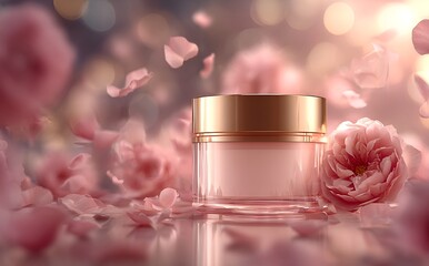 Luxurious face cream with rose petals, Face cream jar with rose petals in the air.Makeup face skin cream with rose flower petals. generative ai
