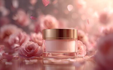 Luxurious face cream with rose petals, Face cream jar with rose petals in the air.Makeup face skin cream with rose flower petals. generative ai
