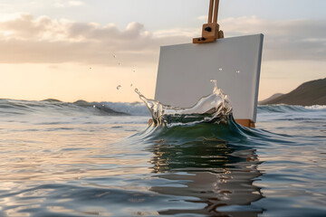 A blank canvas on an easel with a real ocean wave splashing out from its center, blending painting and nature into one living moment