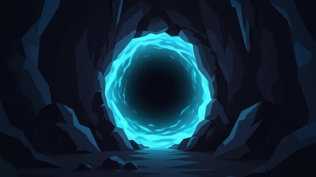 A blue ethereal portal glows amidst a dark caves sharp rock formations