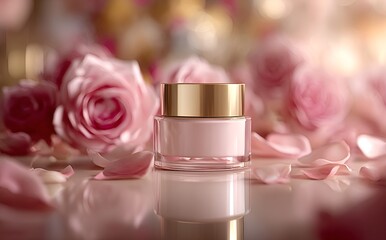 Luxurious face cream with rose petals, Face cream jar with rose petals in the air.Makeup face skin cream with rose flower petals. generative ai