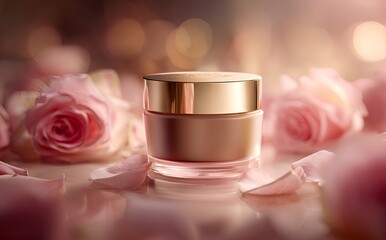 Luxurious face cream with rose petals, Face cream jar with rose petals in the air.Makeup face skin cream with rose flower petals. generative ai