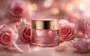 Luxurious face cream with rose petals, Face cream jar with rose petals in the air.Makeup face skin cream with rose flower petals. generative ai