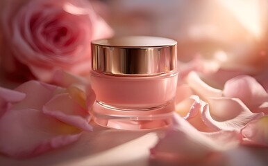 Luxurious face cream with rose petals, Face cream jar with rose petals in the air.Makeup face skin cream with rose flower petals. generative ai