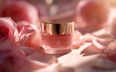 Luxurious face cream with rose petals, Face cream jar with rose petals in the air.Makeup face skin cream with rose flower petals. generative ai